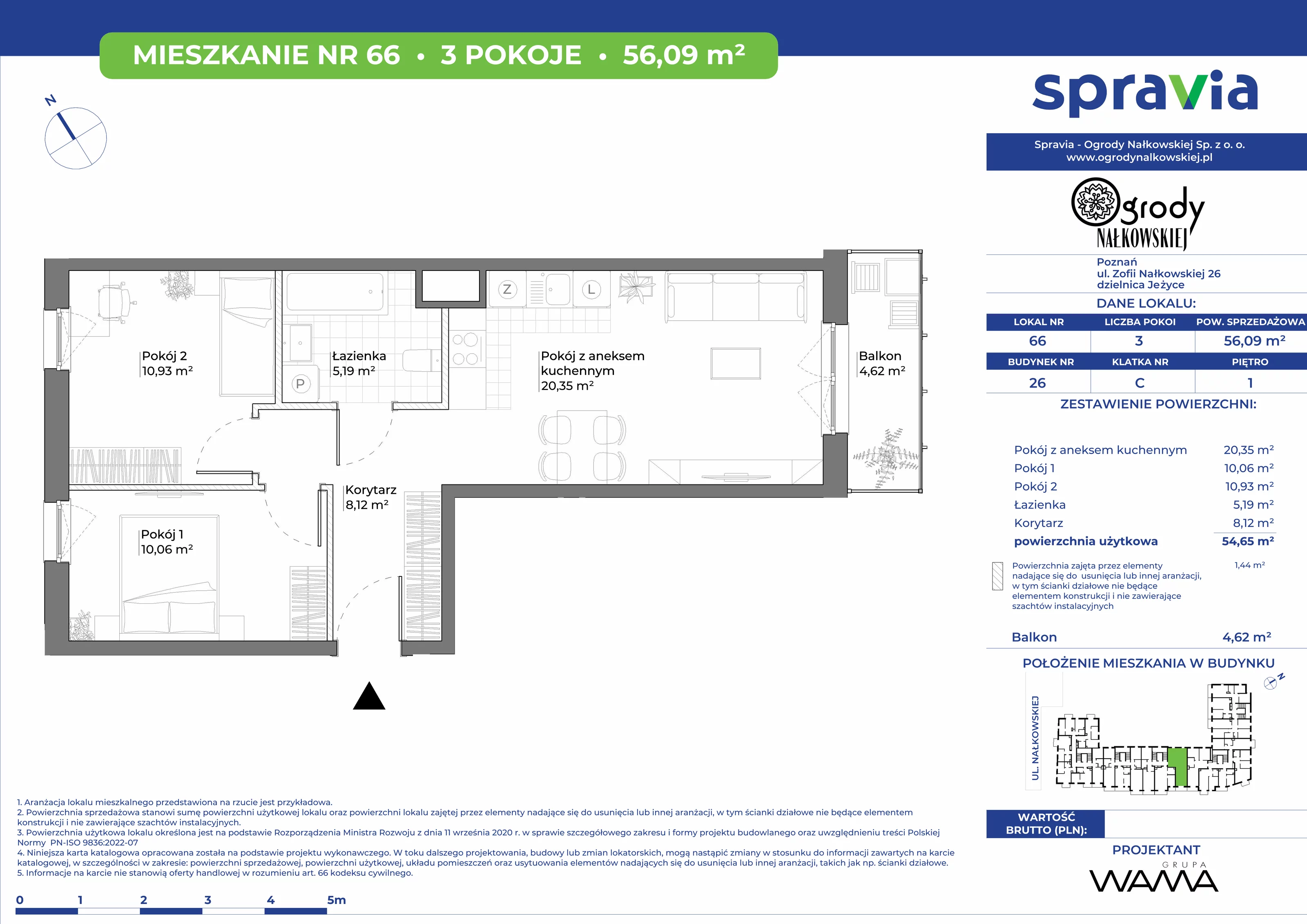 3 pokoje, mieszkanie 56,09 m², piętro 1, oferta nr 26-66, Ogrody Nałkowskiej, Poznań, Ogrody, ul. Nałkowskiej 24, 26